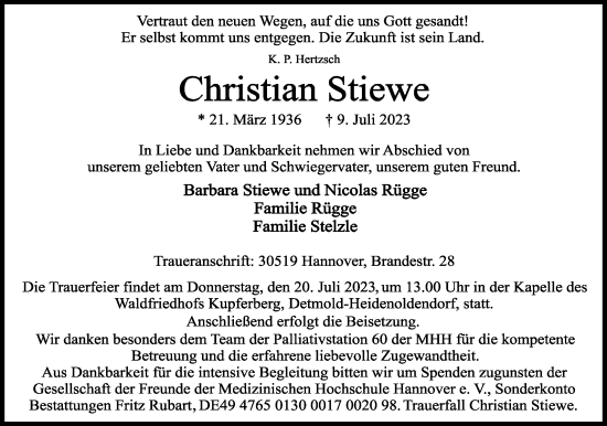 Anzeige  Christian Stiewe  Lippische Landes-Zeitung