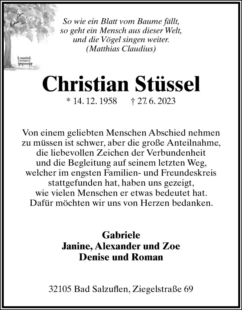  Traueranzeige für Christian Stüssel vom 15.07.2023 aus Lippische Landes-Zeitung