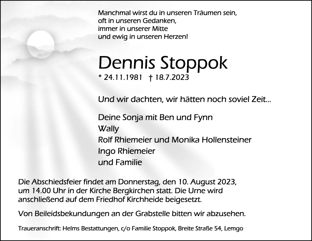  Traueranzeige für Dennis Stoppok vom 29.07.2023 aus Lippische Landes-Zeitung
