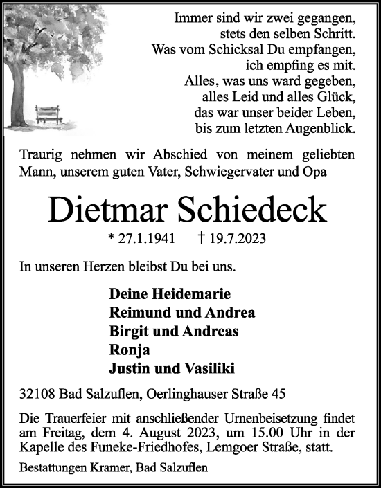 Anzeige  Dietmar Schiedeck  Lippische Landes-Zeitung
