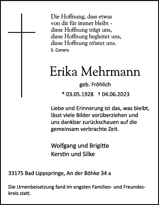 Anzeige  Erika Mehrmann  Lippische Landes-Zeitung