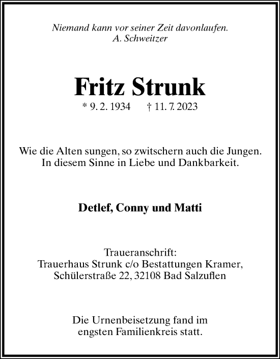 Anzeige  Fritz Strunk  Lippische Landes-Zeitung