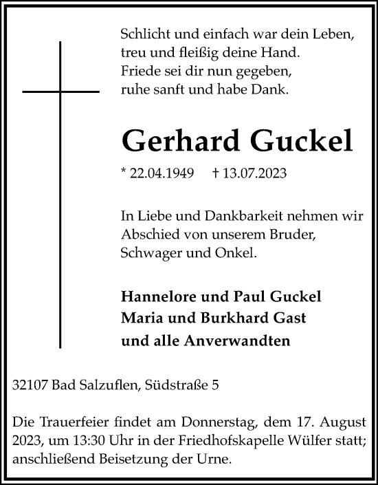 Anzeige  Gerhard Guckel  Lippische Landes-Zeitung