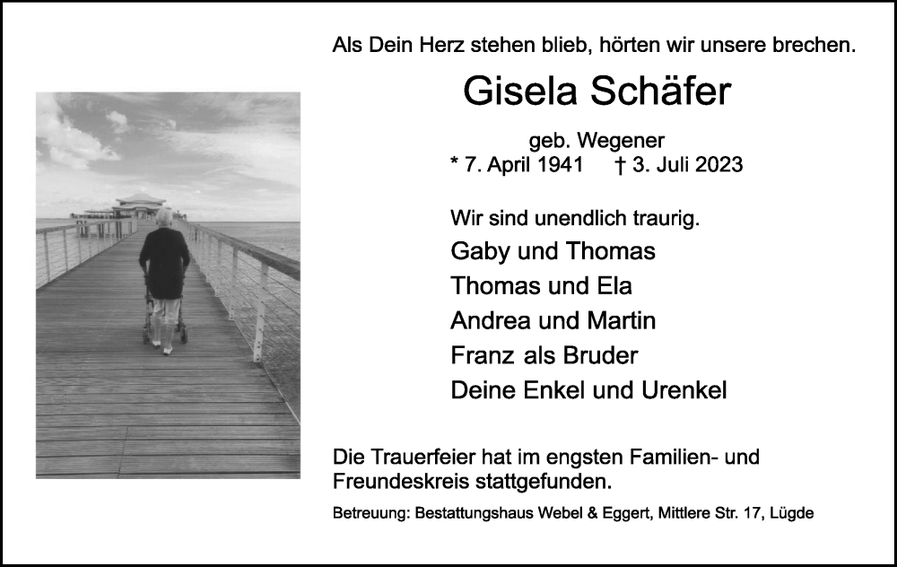  Traueranzeige für Gisela Schäfer vom 08.07.2023 aus Lippische Landes-Zeitung