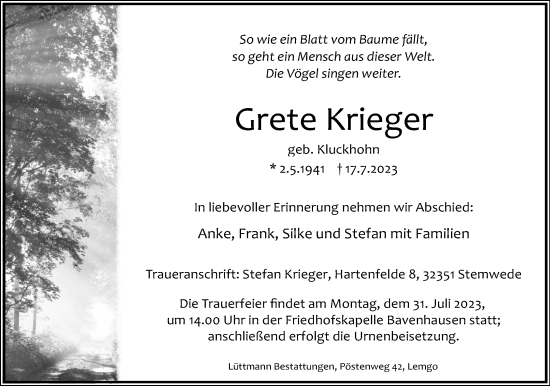 Anzeige  Grete Krieger  Lippische Landes-Zeitung