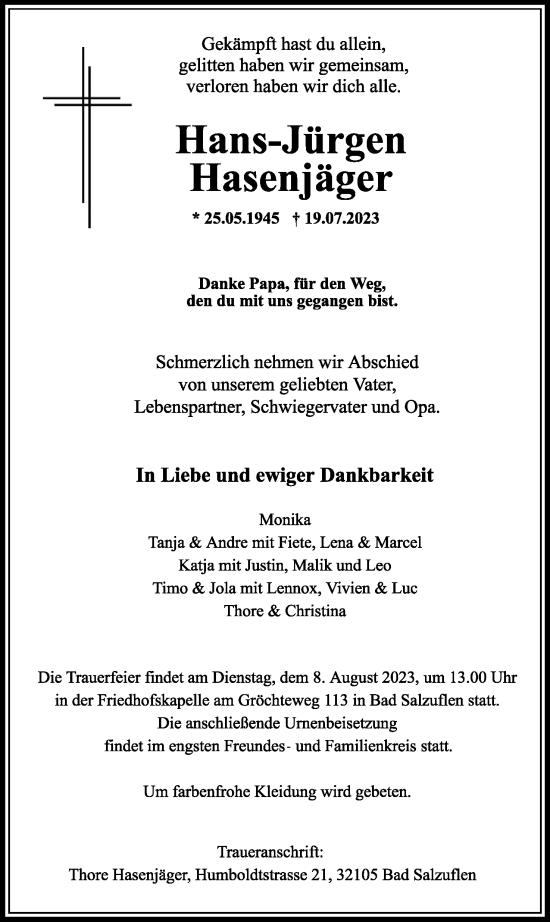 Anzeige  Hans-Jürgen            Hasenjäger (Hase)       Lippische Landes-Zeitung