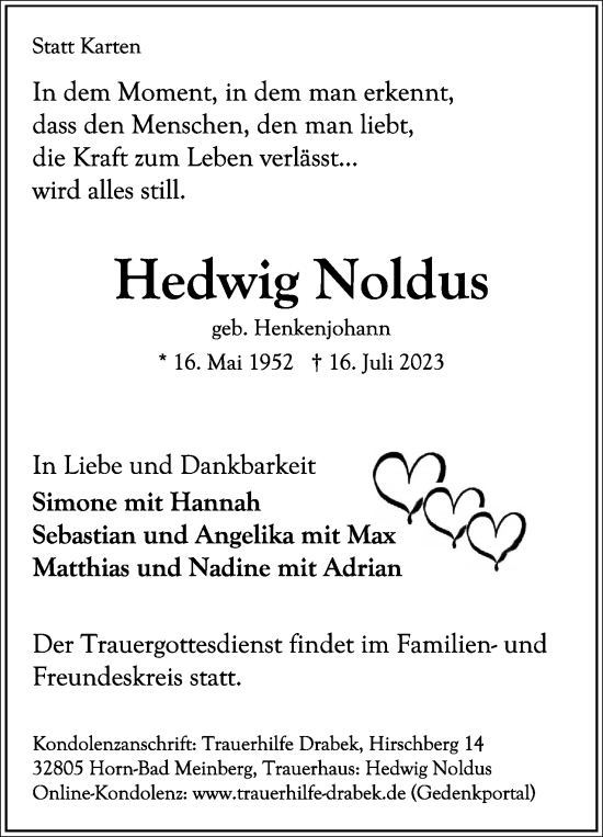Anzeige  Hedwig Noldus  Lippische Landes-Zeitung