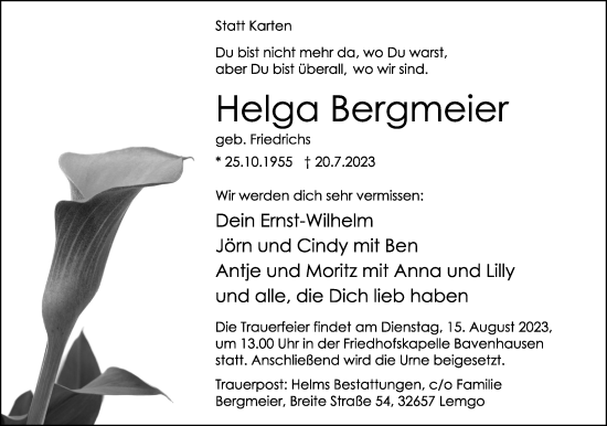 Anzeige  Helga Bergmeier  Lippische Landes-Zeitung