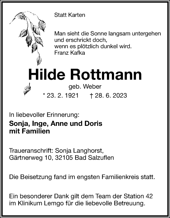 Anzeige  Hilde Rottmann  Lippische Landes-Zeitung