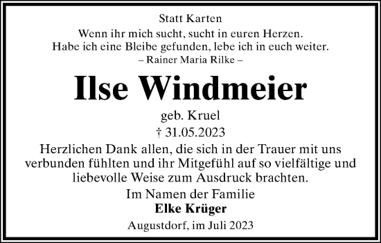 Anzeige  Ilse Windmeier  Lippische Landes-Zeitung