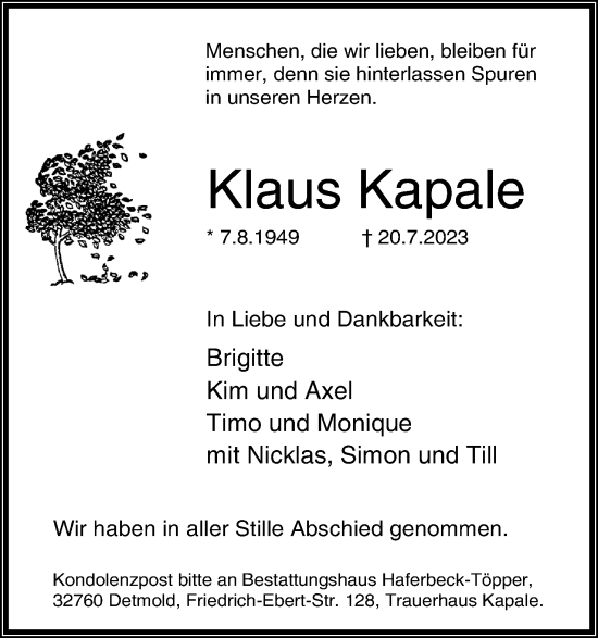 Anzeige  Klaus Kapale  Lippische Landes-Zeitung