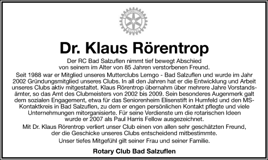 Anzeige  Klaus Rörentrop  Lippische Landes-Zeitung
