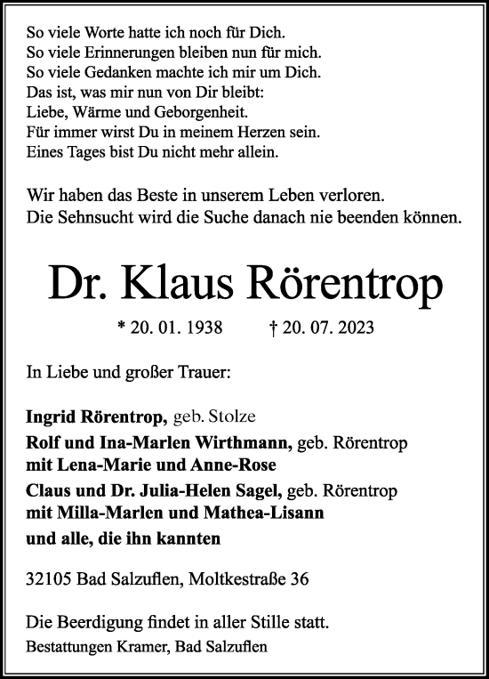 Anzeige  Klaus Rörentrop  Lippische Landes-Zeitung