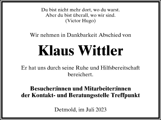 Anzeige  Klaus Wittler  Lippische Landes-Zeitung
