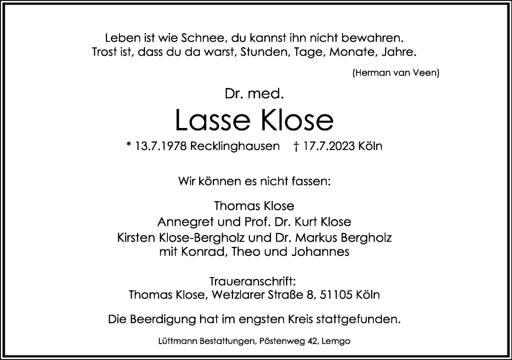  Traueranzeige für Lasse Klose vom 29.07.2023 aus Lippische Landes-Zeitung