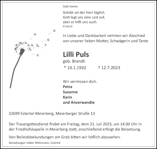 Anzeige  Lilli Puls  Lippische Landes-Zeitung