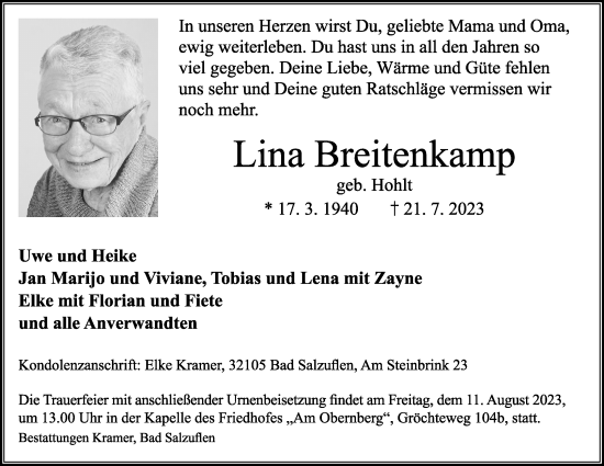 Anzeige  Lina Breitenkamp  Lippische Landes-Zeitung