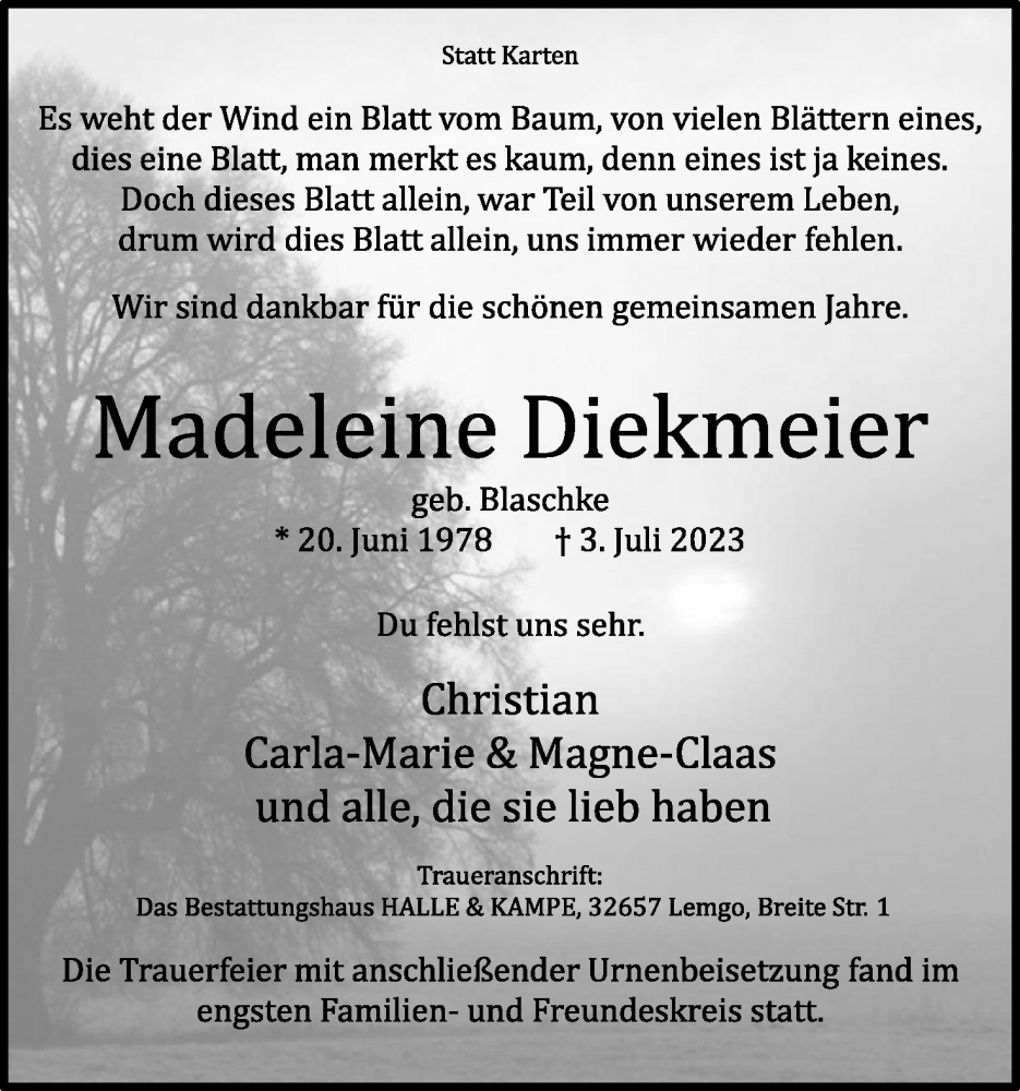  Traueranzeige für Madeleine Diekmeier vom 15.07.2023 aus Lippische Landes-Zeitung