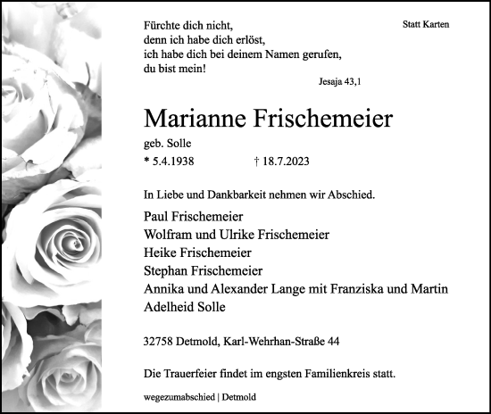 Anzeige  Marianne Frischemeier  Lippische Landes-Zeitung