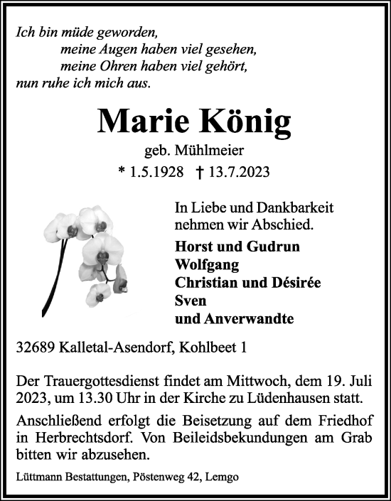 Anzeige  Marie König  Lippische Landes-Zeitung
