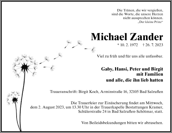 Anzeige  Michael Zander  Lippische Landes-Zeitung