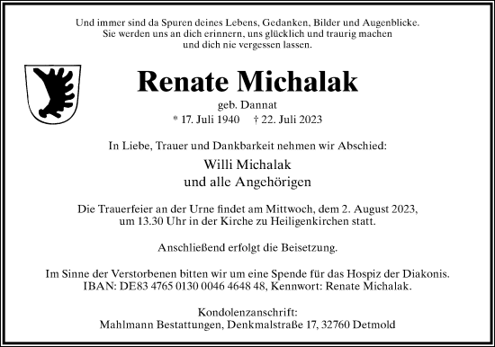 Anzeige  Renate Michalak  Lippische Landes-Zeitung