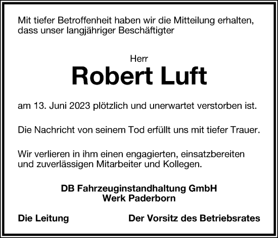 Anzeige  Robert Luft  Lippische Landes-Zeitung