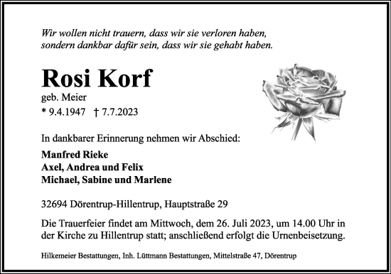 Anzeige  Rosi Korf  Lippische Landes-Zeitung