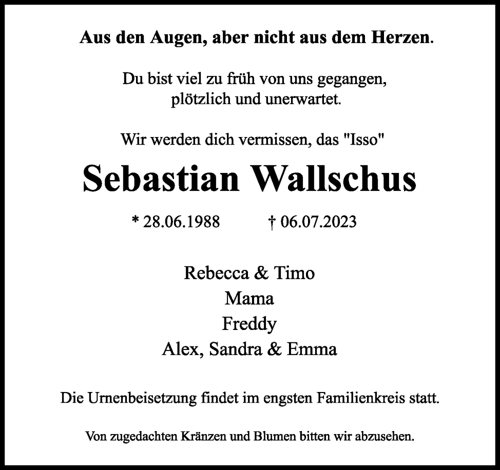  Traueranzeige für Sebastian Wallschus vom 15.07.2023 aus Lippische Landes-Zeitung