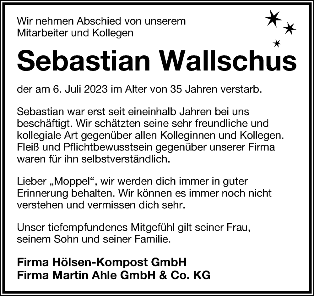  Traueranzeige für Sebastian Wallschus vom 15.07.2023 aus Lippische Landes-Zeitung