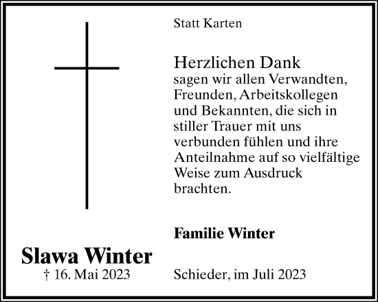 Anzeige  Slawa Winter  Lippische Landes-Zeitung