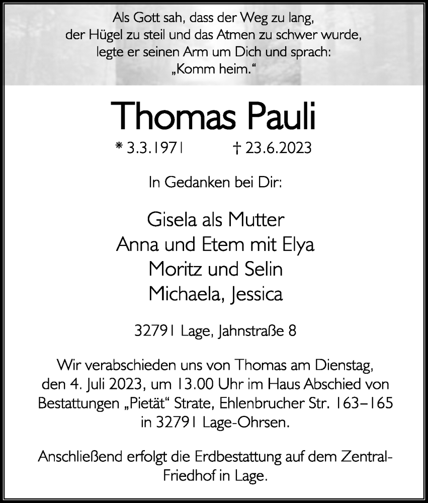  Traueranzeige für Thomas Pauli vom 01.07.2023 aus Lippische Landes-Zeitung