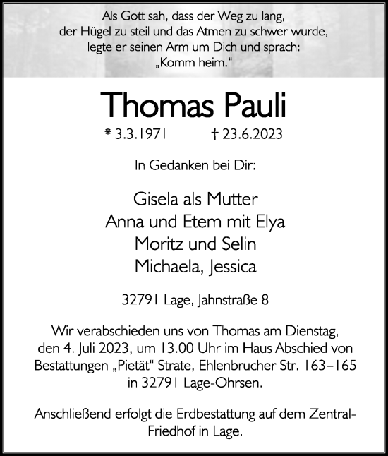 Anzeige  Thomas Pauli  Lippische Landes-Zeitung