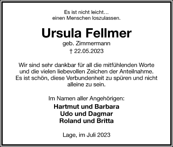 Anzeige  Ursula Fellmer  Lippische Landes-Zeitung