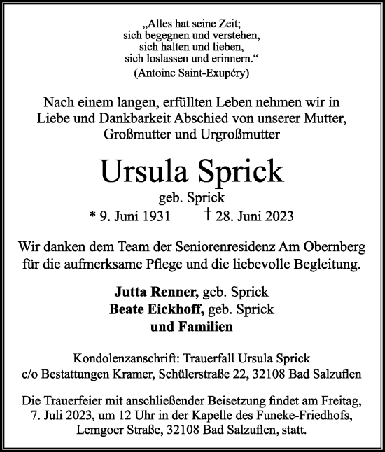 Anzeige  Ursula Sprick  Lippische Landes-Zeitung