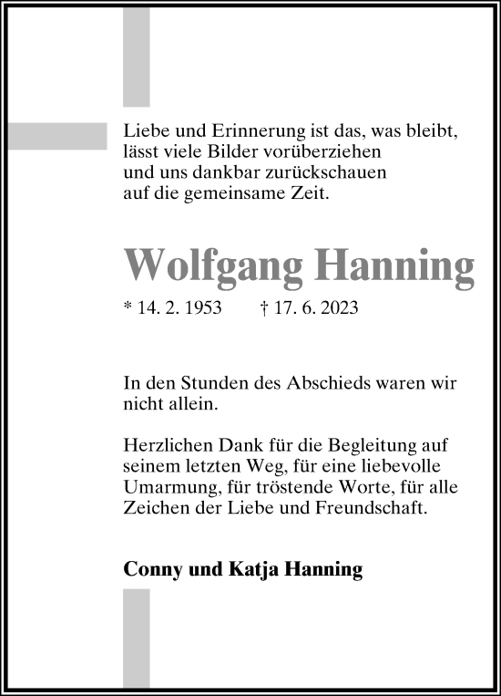 Anzeige  Wolfgang Hanning  Lippische Landes-Zeitung