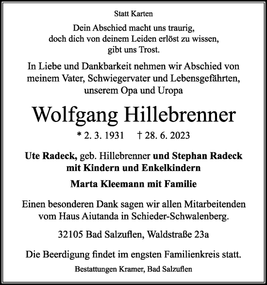 Anzeige  Wolfgang Hillebrenner  Lippische Landes-Zeitung
