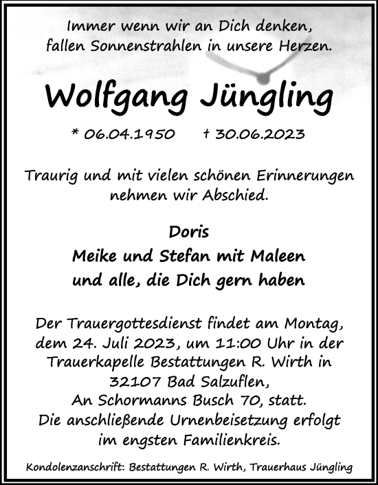 Anzeige  Wolfgang Jüngling  Lippische Landes-Zeitung