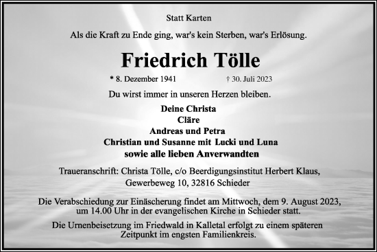 Anzeige  Friedrich Tölle  Lippische Landes-Zeitung