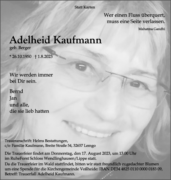Anzeige  Adelheid Kaufmann  Lippische Landes-Zeitung