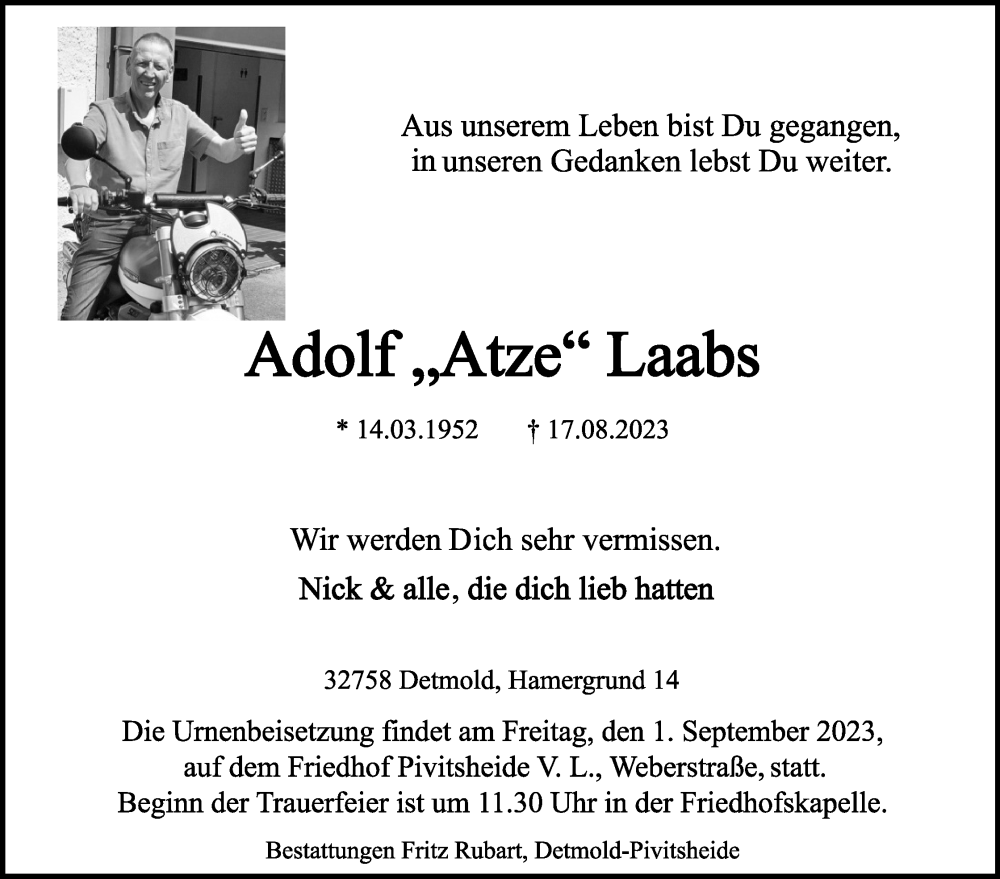  Traueranzeige für Adolf Laabs vom 26.08.2023 aus Lippische Landes-Zeitung