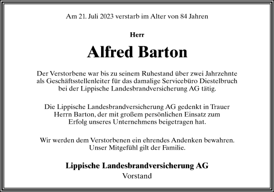 Anzeige  Alfred Barton  Lippische Landes-Zeitung