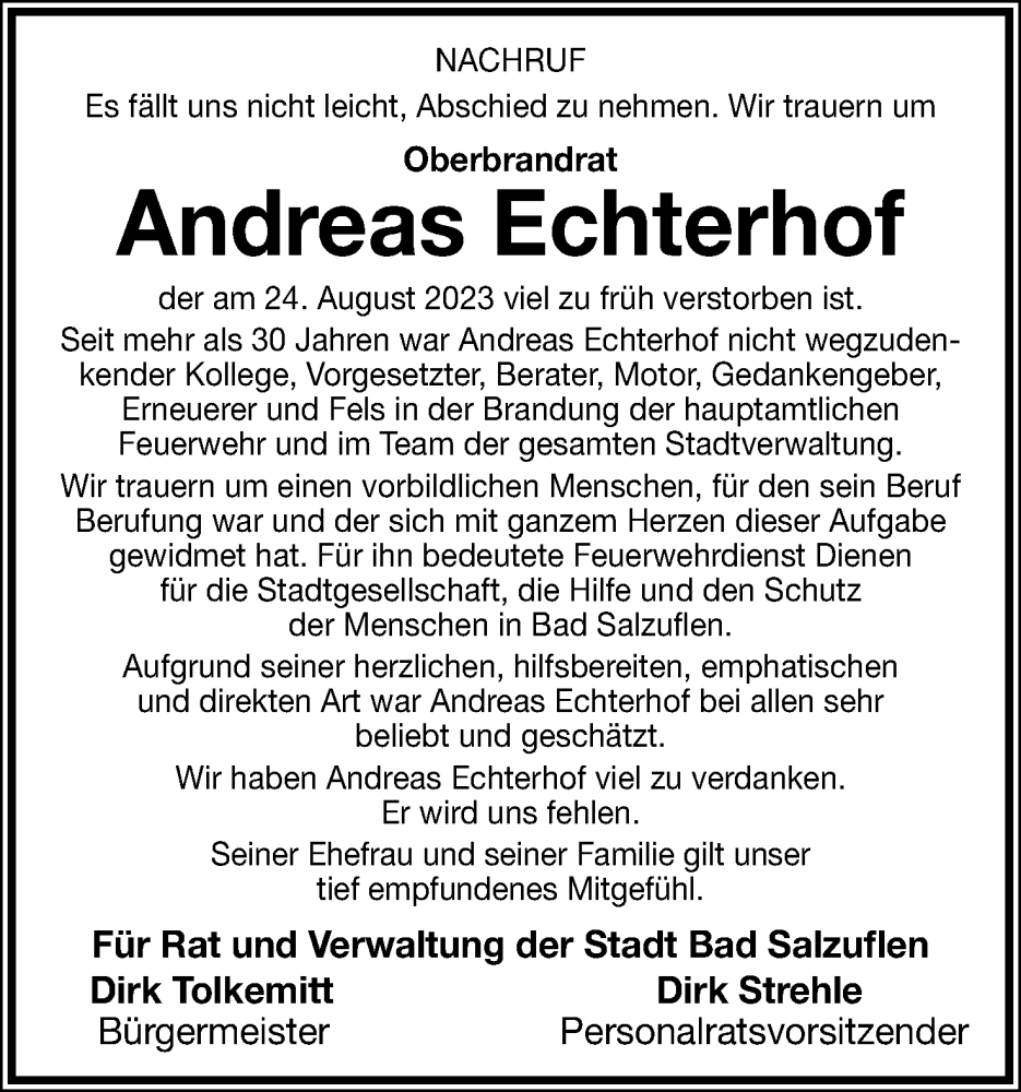  Traueranzeige für Andreas Echterhof vom 30.08.2023 aus Lippische Landes-Zeitung
