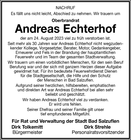 Anzeige  Andreas Echterhof  Lippische Landes-Zeitung
