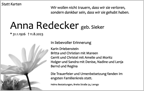 Anzeige  Anna  Redecker  Lippische Landes-Zeitung