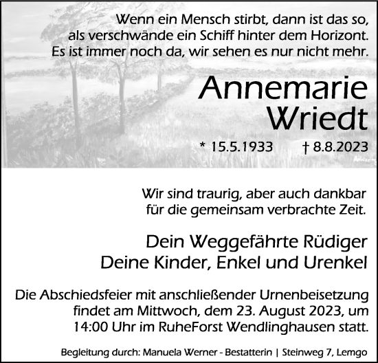 Anzeige  Annemarie Wriedt  Lippische Landes-Zeitung