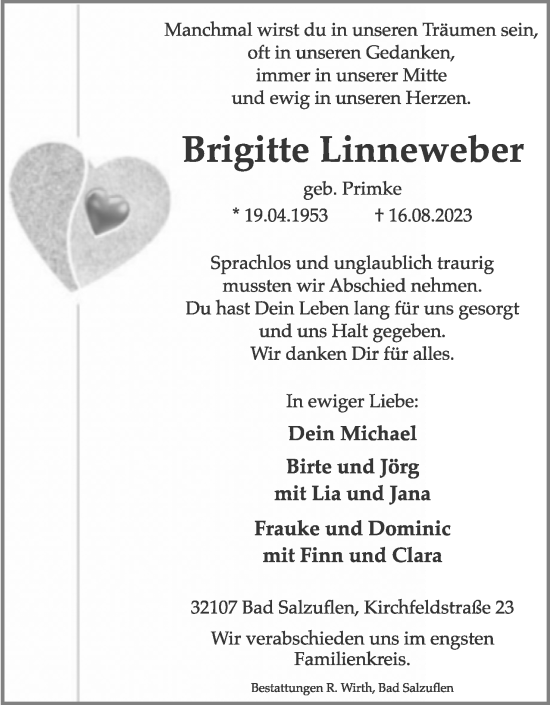 Anzeige  Brigitte Linneweber  Lippische Landes-Zeitung