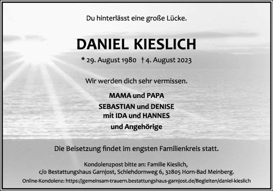 Anzeige  Daniel Kieslich  Lippische Landes-Zeitung