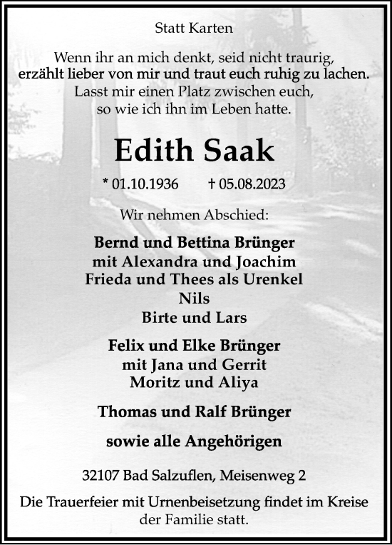 Anzeige  Edith Saak  Lippische Landes-Zeitung