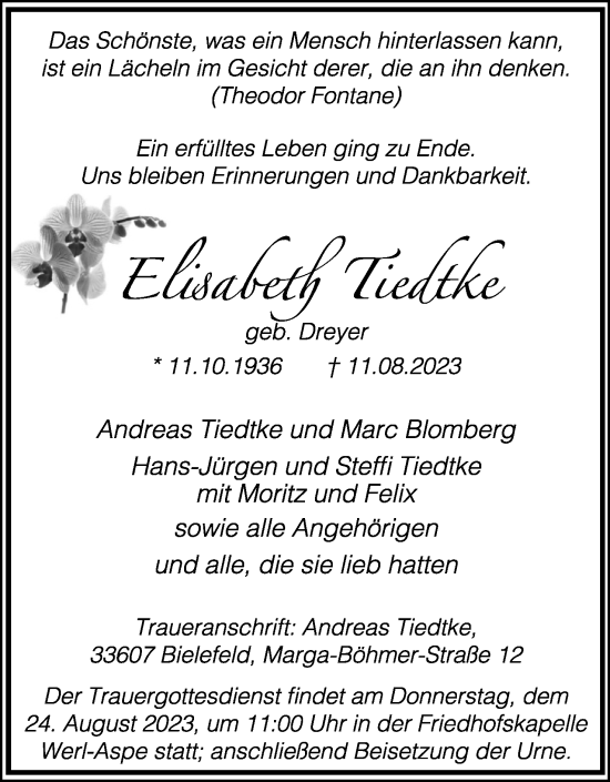 Anzeige  Elisabeth Tiedtke  Lippische Landes-Zeitung